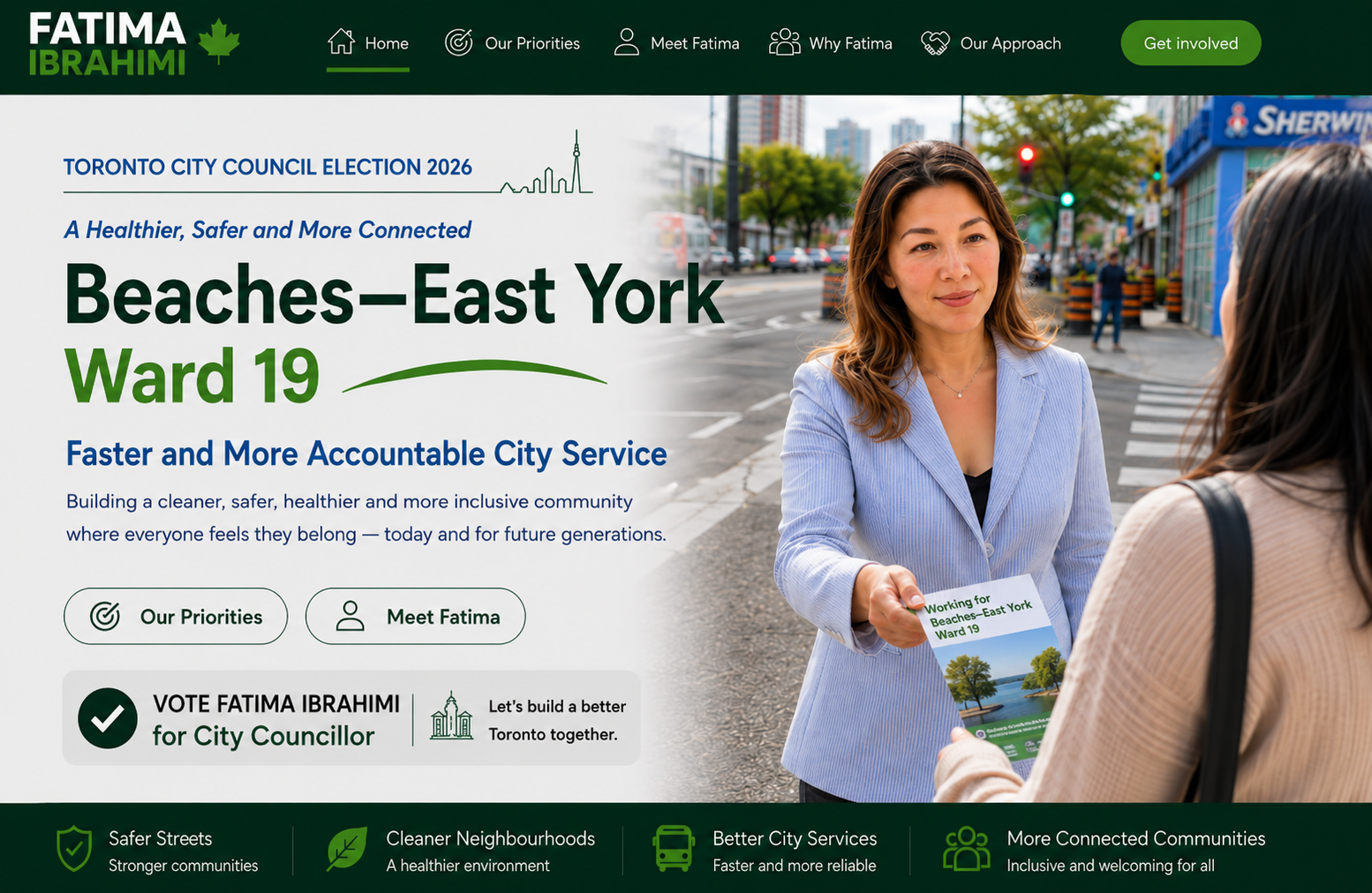 Fatima Ibrahimi campaign hero for Toronto City Council election 2026, Beaches—East York Ward 19